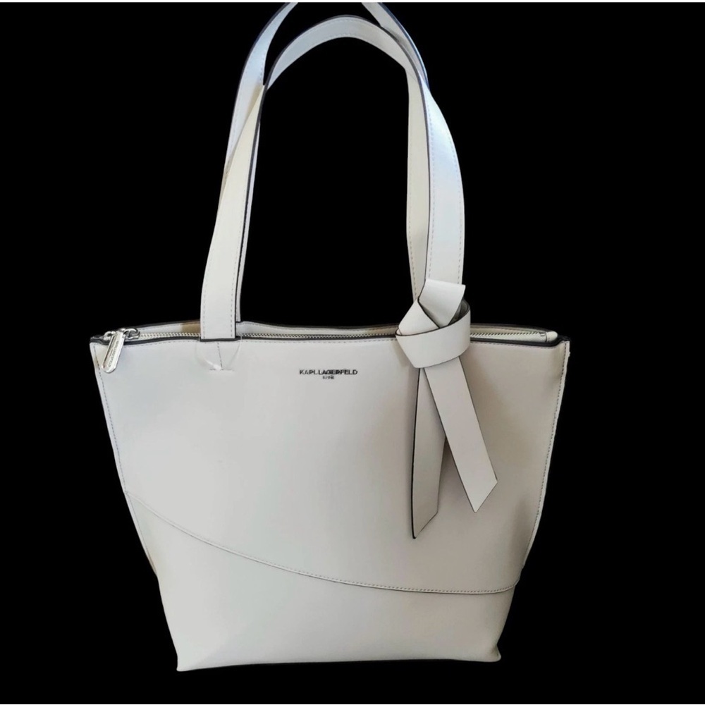 Karl Lagerfeld Paris Tote off white bow double handle faux leather bucket bag - Picture 4 of 10